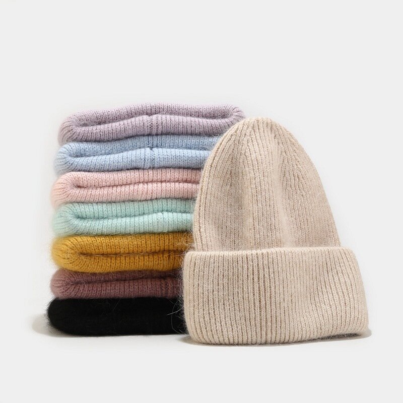 Rabbit Hair Warm Pure Color Knitted Hat Women's Autumn Winter Versatile Candy Color Vertical Stripe Thickened Ear Protection Hat