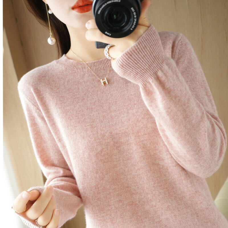Sweter damski z okrągłym dekoltem jesienno-zimowa zwykły sweter ciepła na co dzień ściąga swetry koreańska moda wiosenna dzianina długa koszula 2023