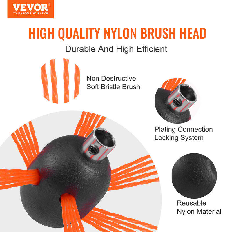 VEVOR 23/26/30/33/39ft Chimney Sweep Kit w/ Reinforced Nylon Flexible Rods Ergonomic Chimney Cleaning Brush 360-Degree Brush