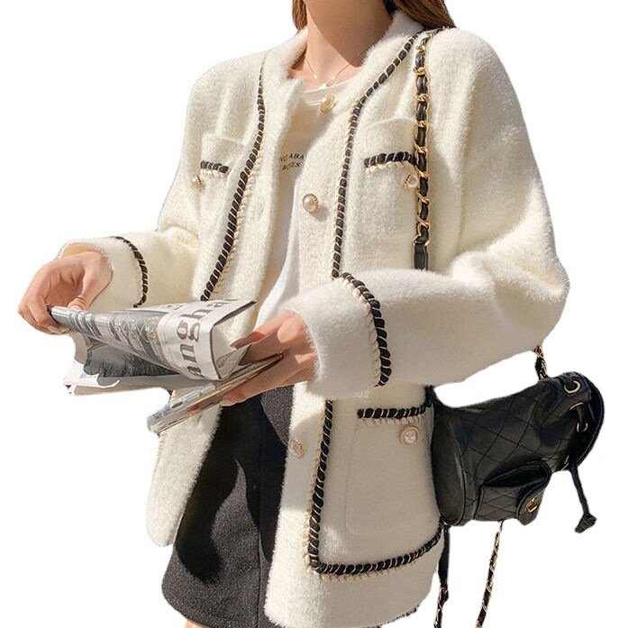 Suéter de cachemira de visón blanco para mujer, abrigo de estilo perezoso, coreano, Retro, negro, suelto, cuello redondo, cárdigan de punto, moda de otoño e invierno