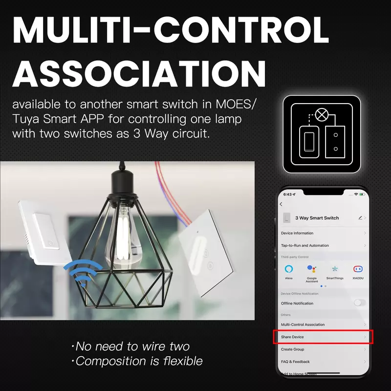 MOES-interruptor inteligente WIFI serie Star Ring, pulsador de 3 vías/un solo polo, Control de luz, Control de voz por Alexa y Google Home