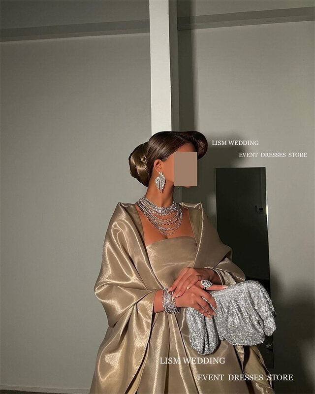 LISM-Vestidos de noite sem alças com capa para mulheres, elegantes vestidos de baile, sauditas e árabes, ocasiões formais, dourados, 2 em 1