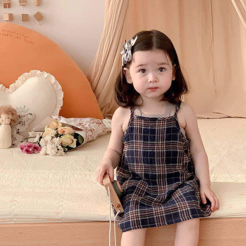 Baby Girls Summer New 2PCS Clothes Set Sleeveless Plaid A Line Dress Square Collar Solid Color Tops Suit Newborn Girls Outfits