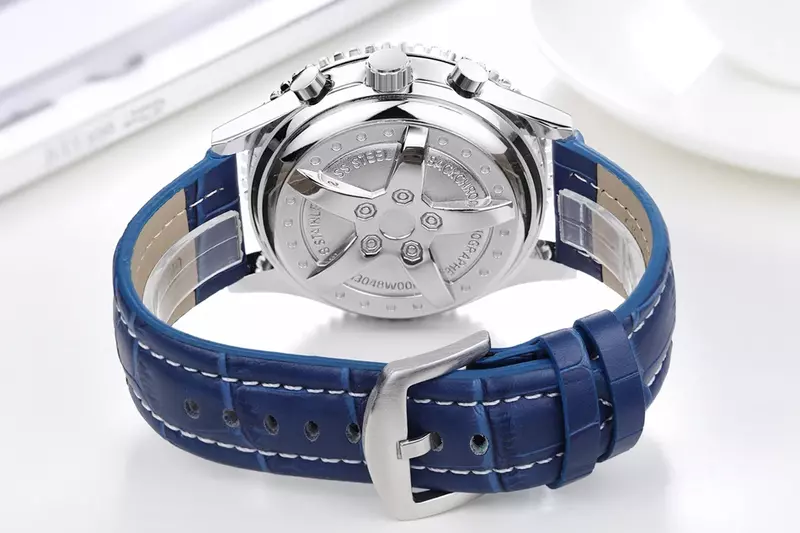 Relógio mecânico de aço inoxidável masculino, pulseira de couro genuína automática, preta, marrom, azul, esportiva, tamanho grande, 50mm