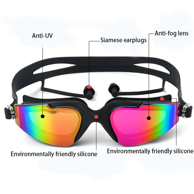 Gafas de natación profesionales de silicona para mujer, gafas de natación Multicolor UV antivaho con tapón para los oídos, clip para la nariz, gafas para deportes acuáticos