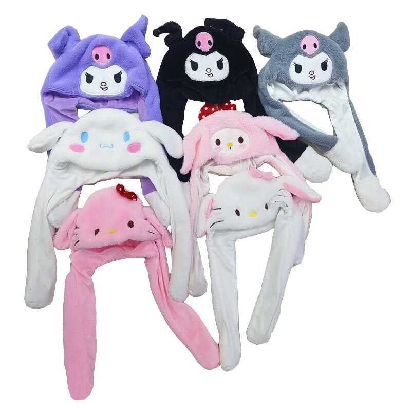 Topi modis berlampu Sanrioed Kuromi Cinnamoroll Kitty topi gerak telinga lembut topi Anime kartun melompat telinga topi kecil hadiah untuk anak-anak