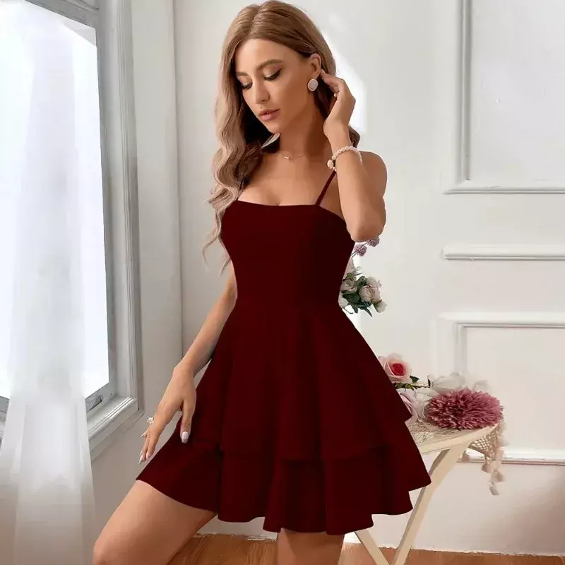 2024 Spring/Summer Fashion Open Back Bow Tie Lace Sexy Hanging Strap Solid Color Casual Elegant Women's Wear Mini Dress YSQ05