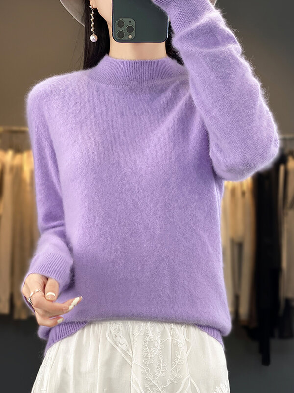Осенне-зимний однотонный пуловер с ложным воротником, свитер для женщин, 100% норковый кашемир, Повседневная кашемировая трикотажная одежда, женская одежда, базовые Топы