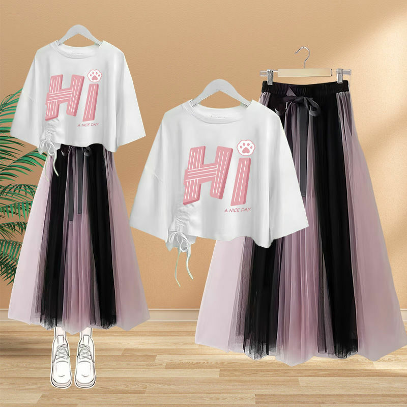2024 Summer Women Cute Cartton Bear T Shirts Mesh Skirts 2 Piece Set Korean Lady Student Short Tops Half Skirt Suit Trendy Dress