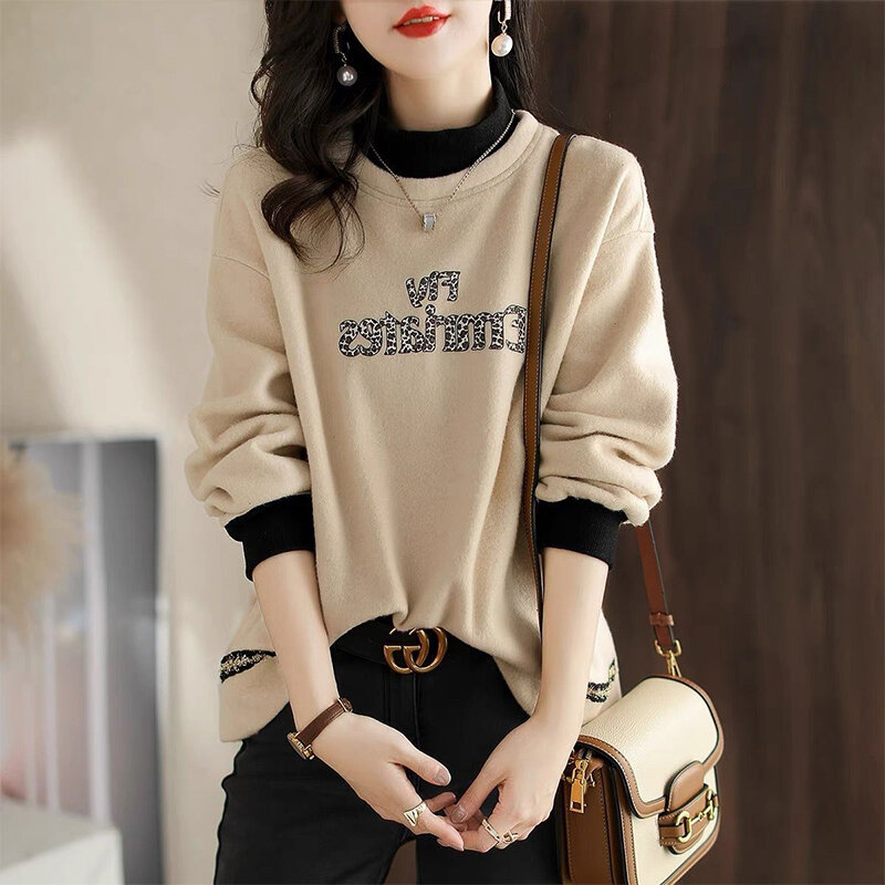 Autumn Winter Fake Two Pieces Patchwork Thick Sweatshirt Female Loose Casual High Collar Pullovers Women Fashion All-match Top