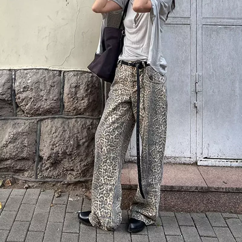 Jeans leopardo feminino de cintura alta, calças largas retas, calças retrô, streetwear casual, estilo coreano, harajuku, quente, Y2K
