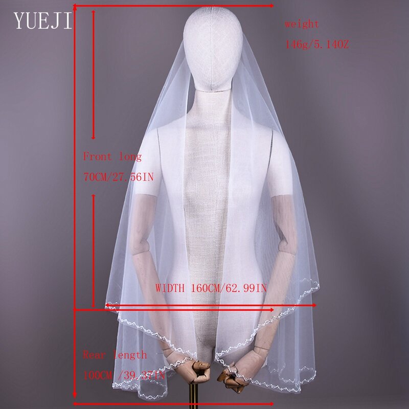 YUEJI-Double Layer mão-frisada véu nupcial, casamento blush, tule macio, branco, ponta do dedo, borda de cristal, pente, 0121