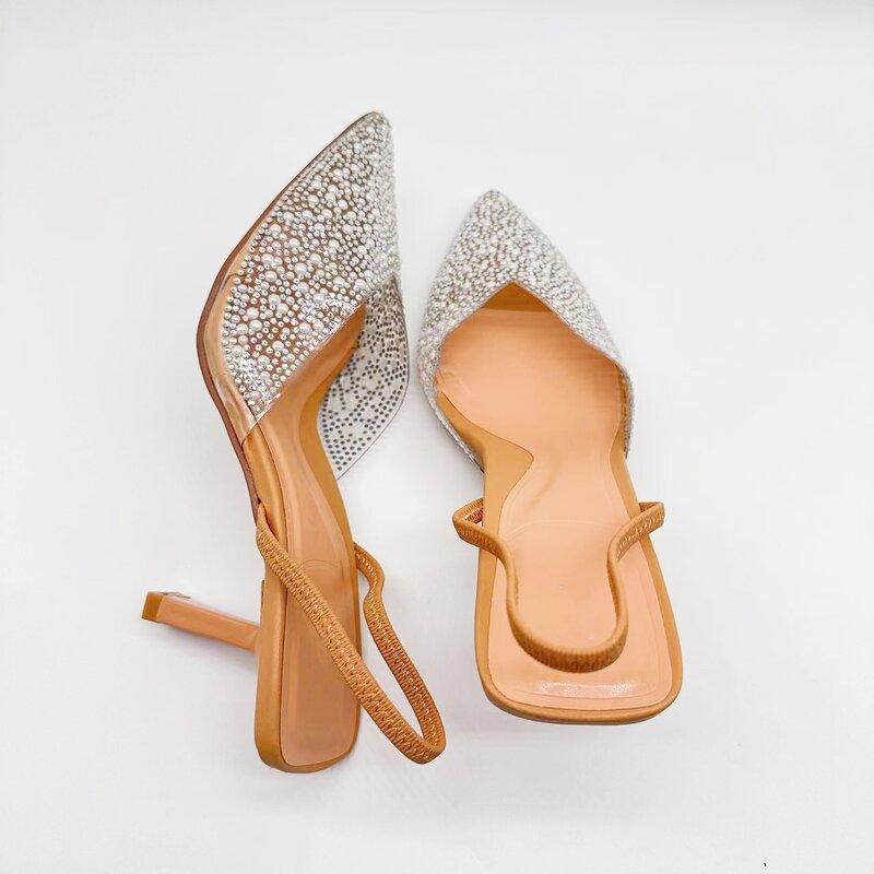 Женские туфли с искусственным жемчугом, коричневые сандалии на высоком каблуке и с острым носком, новинка 2024