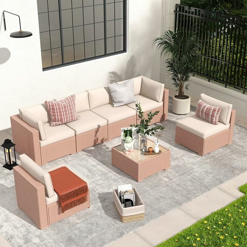 7 Pieces Outdoor Patio Furniture Set, All Weather Natural PE Wicker Rattan Sectional Conversation Set, W/Built-in Glass Table
