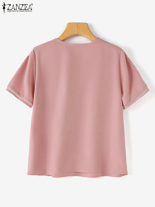 Zanzea 2024 Sommer Frauen Basic Chiffon Stitching Tops Vintage V-Ausschnitt Büro hemden Mode Tuniken übergroße lässige feste Bluse