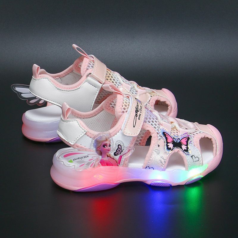 Disney Girls' Casual Shoes Baotou Sandals Led Light Summer Style Anti-skid Soft Soles Pink Purple Mesh Children Shoes Size 23-36
