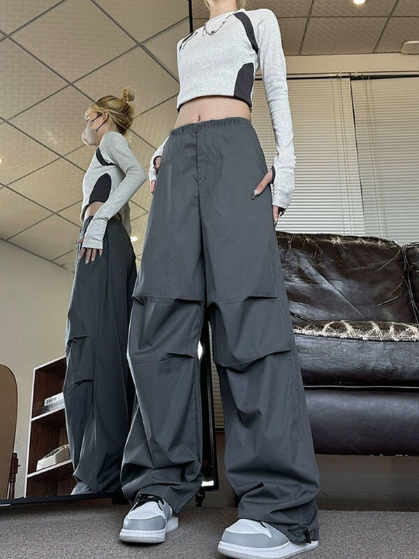 QWEEK Vintage Y2k Cargo Pants Women Folds Oversize High Street Fashion Baggy Sweatpants Korean Casual Wide Leg Jogger Pants