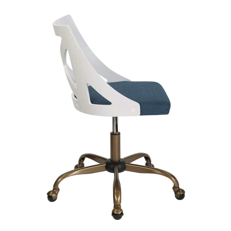 LumiSource Charlotte Farmhouse Task Chair features Antique Copper Metal, White Textured Wood, and Blue Fabric for a Stylish and 