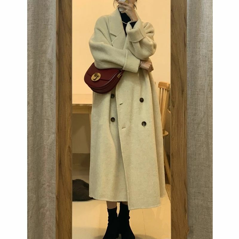 Woll mantel im Hepburn-Stil für Frauen, Herbst und Winter neuer koreanischer Gürtel, mittellanger Woll mantel für Frauen
