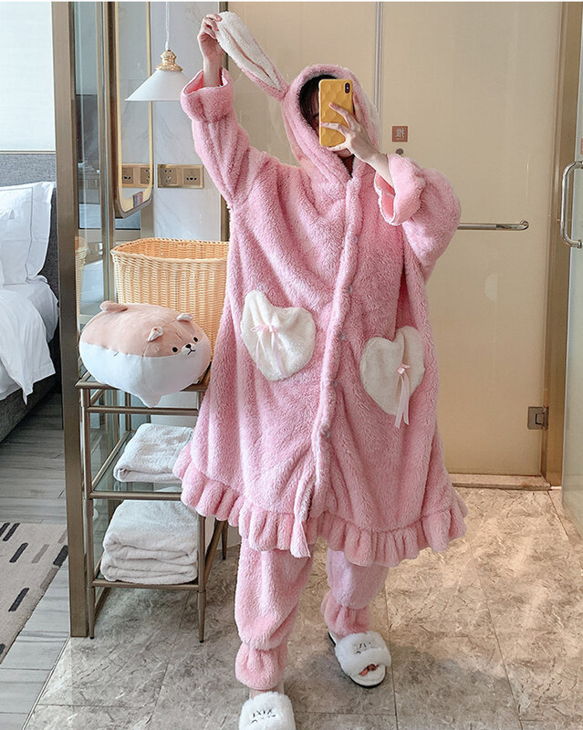 Conjunto de pijamas Kawaii feminino, terno de camisola flanela, pijamas coral velo, roupa de casa fofa para meninas, pijamas grossos, quente, inverno