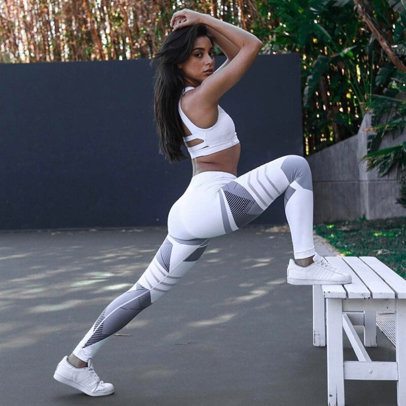 Женские леггинсы для фитнеса, тренировочные штаны с высокой талией для бега и тренировок, штаны для йоги с геометрическими элементами