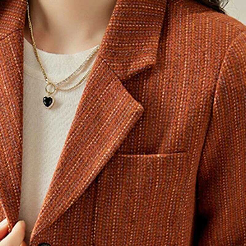 QoerliN 2023New Stripe Blazer Coat Women's Autumn Winter Fashion  Versatile Premium Woven Suit Long Sleeve Pocket Elegant OL Top