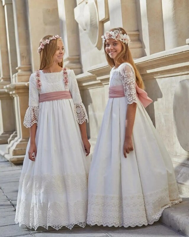 Gaun Anak Perempuan Komuni FATAPAESE untuk Anak Putri Antik Renda Pita Bunga Sabuk Pengiring Pengantin Mini Gaun Pesta Pernikahan A Line