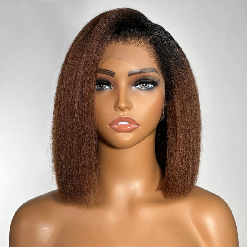 Soft Yaki Short Bob Ombre Blonde Brown Kinky Straight 180Density Lace Front Wig For Women Babyhair Preplucked Glueless Daily