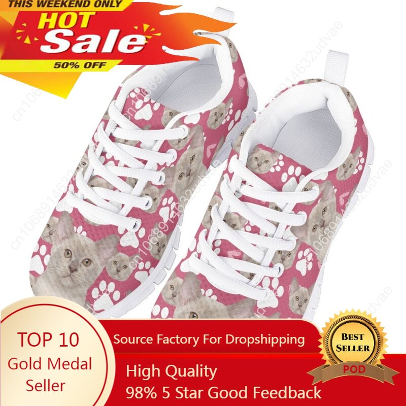 Lovely Pink 3D Cats Print Children Flat Shoes Comfort Lace Up Mesh Sneakers Dog Footprint Design Kids Walk Shoes Zapatillas Gift