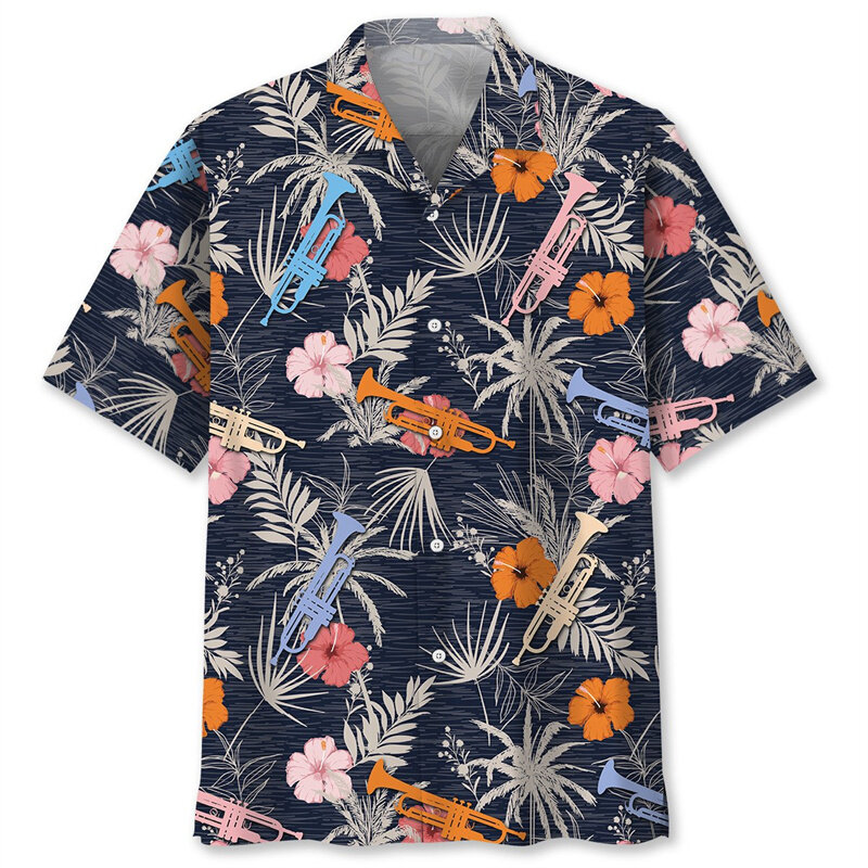 Гавайские рубашки для мужчин с принтом гитары, трубы, графики, музыкальные инструменты, короткий рукав, пуговицы, блузка, большие размеры, рубашка с лацканами