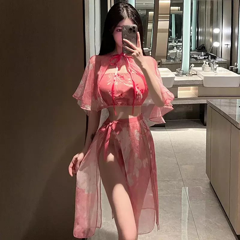 Pakaian dalam Cosplay Hanfu seksi untuk wanita Set seksi Cina Kuno pengantin perempuan ikatan simpul perspektif erotis pakaian tidur pernikahan merah
