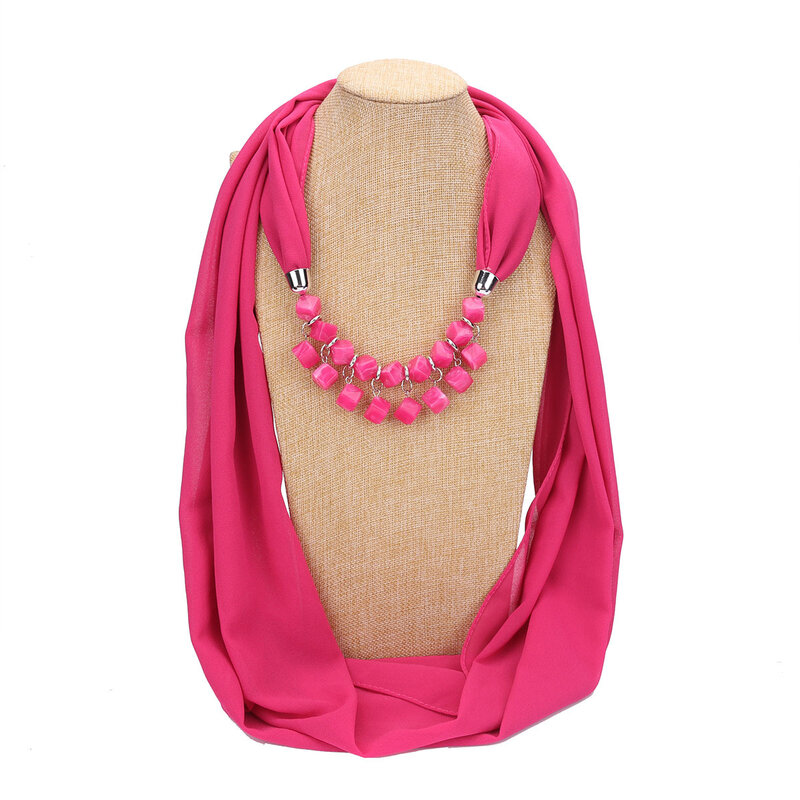 Beads Necklace Pendant Ring Scarf  Lady Chiffon Solid Scarf Hijabs Muslim Head Scarve Turban Accessories