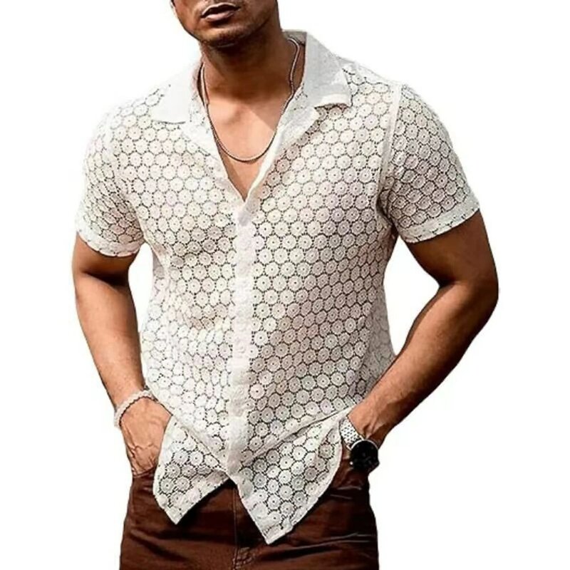 Camisa de praia de manga curta masculina, tops casuais de poliéster, lapela exterior com renda, malha oca, bordado simples