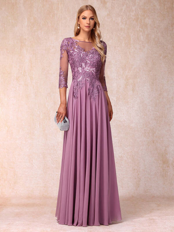 Chiffon O-Neck A-Line Mother Dresses 3/4 Sleeves Appliques Evening Gowns For Wedding Women's Backless Zipper Lace Party Dress