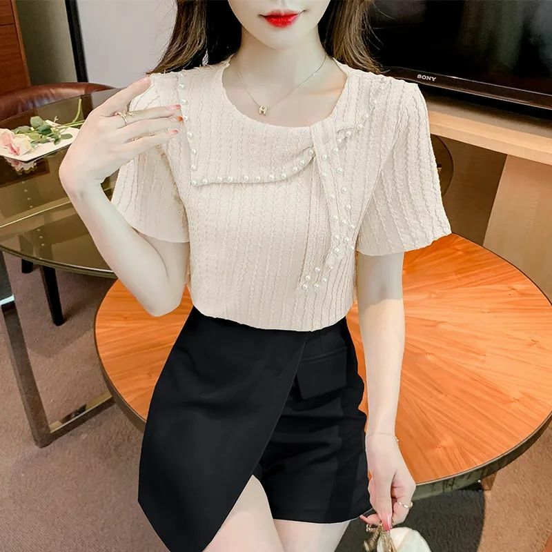 Doux O-cou Épissé Couleur Unie À Lacets Perles T-Shirts Femmes Vêtements 2024 Été Nouveau Lâche Décontracté Hauts T-shirt Coréen