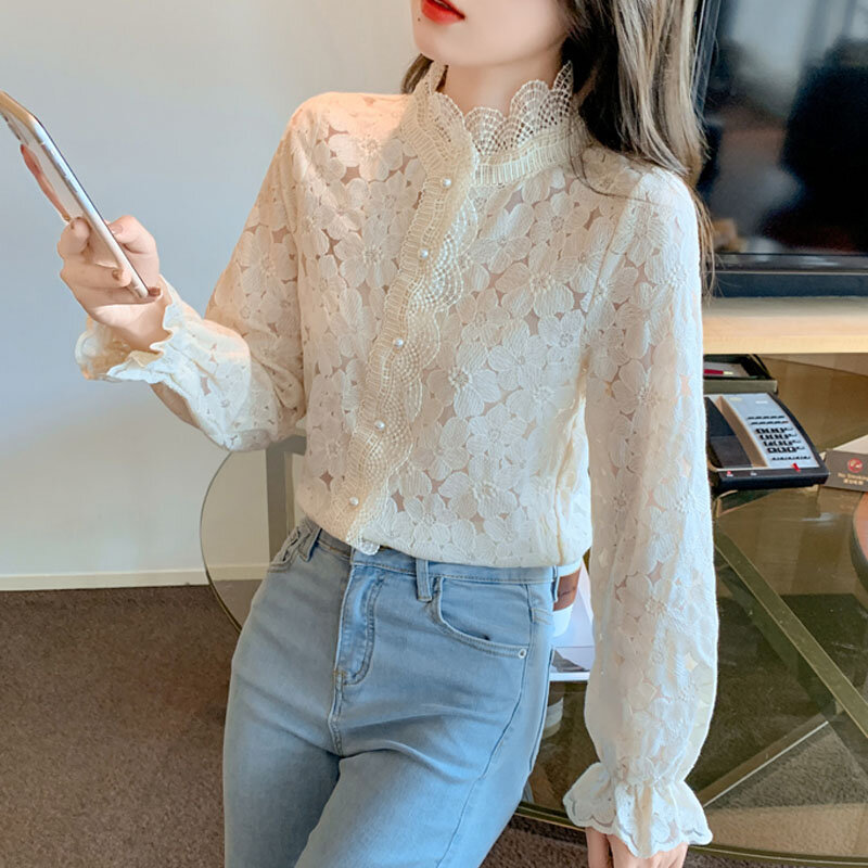 Vintage Elegant Lace Floral Chiffon Blouse Autumn 2022 Stand Collar Hollow Sweet Shirt Long Sleeve Tops Blusas Mujer Women 23070