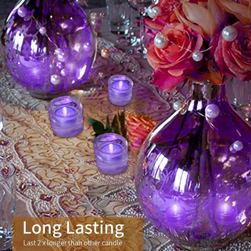 Luz LED sumergible de 12 piezas, luces de té de vela sin llama impermeables púrpuras, funciona con pilas bajo el agua, Festival de temporada
