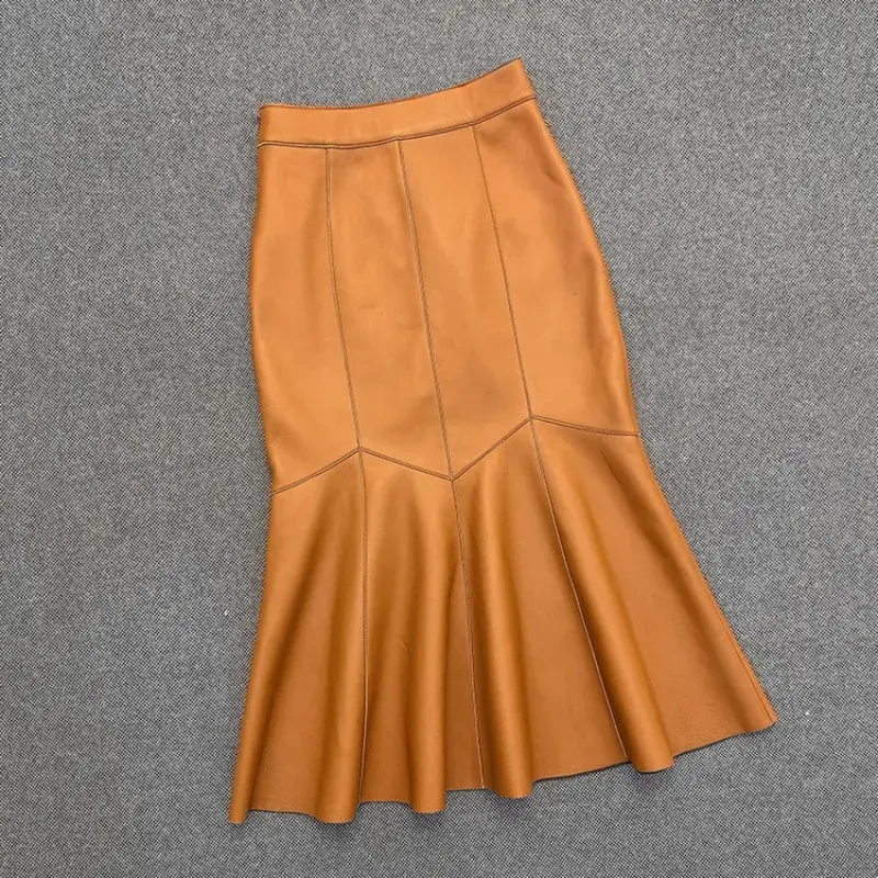 High Waisted Buttocks Wrapped Leather Skirt Women Fishtail Mid Length Skirt Genuine Leather Sheepskin Skirt