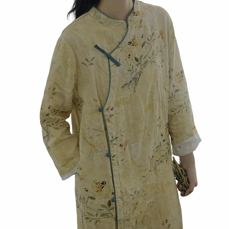 Vestido de manga comprida com estampa floral feminino, roupões estilo chinês, roupas femininas casuais, cheongsam
