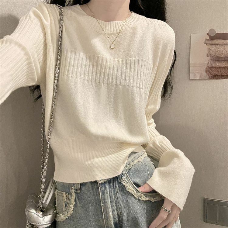 Solid O Neck Women Pullovers Top Y2K Jumpers Chic T Shirts Streetwear Flare Office Lady White Long Sleeve Girl Korean Basic Tee