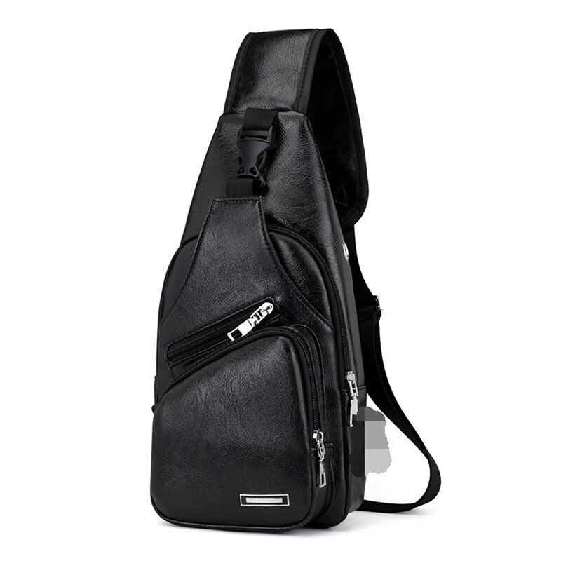 حقيبة صدرية للرجال بو الجلود في الهواء الطلق مقاوم للماء مع USB شحن ثقب الأذن حقيبة الكتف رسول الرسول للذكور