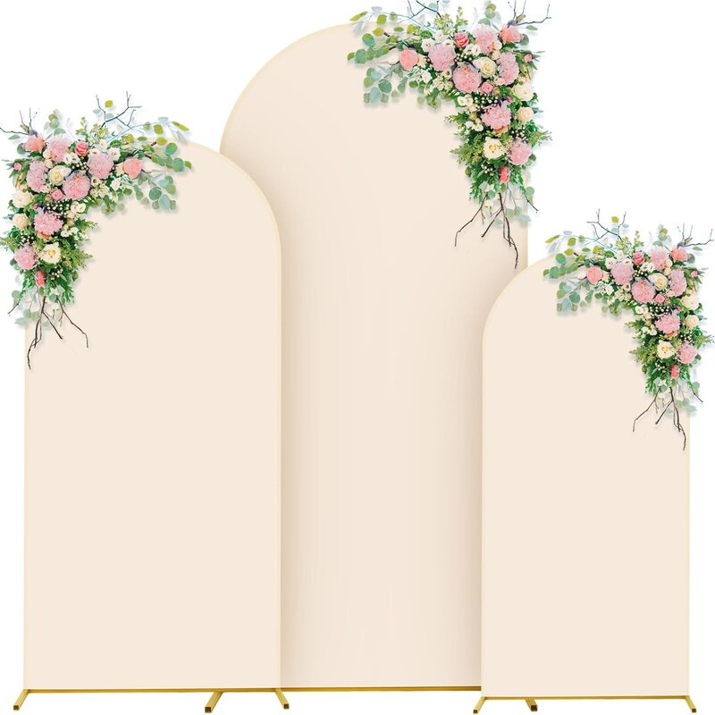 US3 Sets Gold Metal Wedding Arch Arched Backdrop Stand and 3 Pcs Arch Cover 5.9ft/4.9ft/3.9ft Wedding Arbor Garden