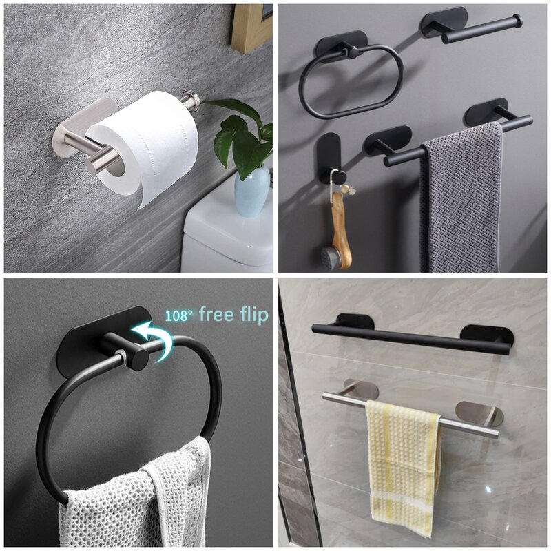 Adhesive Bathroom Hardware Accessories Towel Rack Toilet Paper Dispenser Holder Wall Coat Hooks Towel Rail Ring Roll Hanger Set