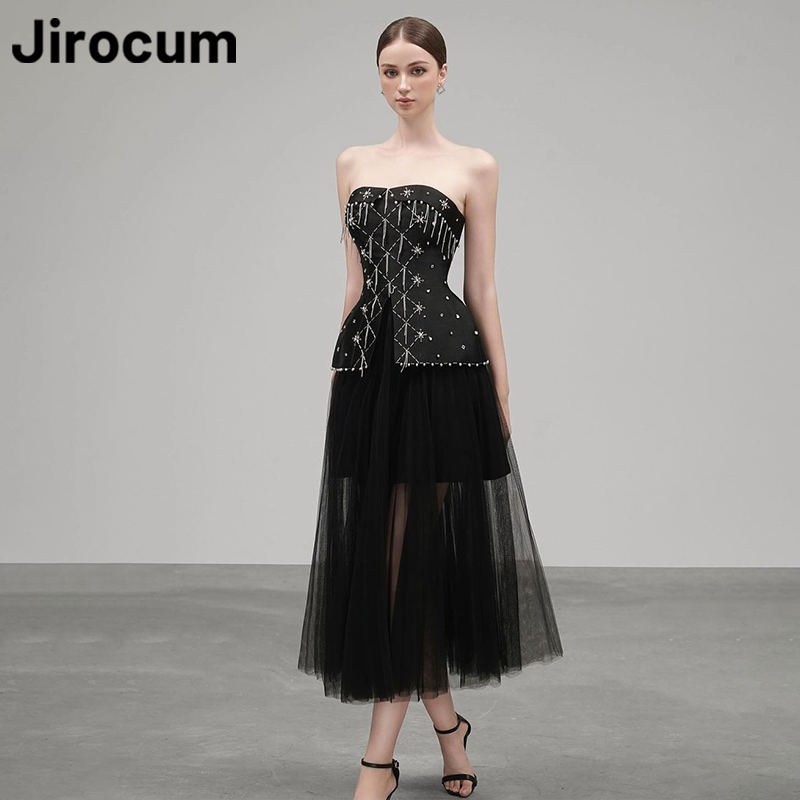 Jirocum A Line Black Prom Dress Women's Sexy Beaded Crystal Party Evening Gown Strapless Tea Length 2024 Formal Occasion Gowns