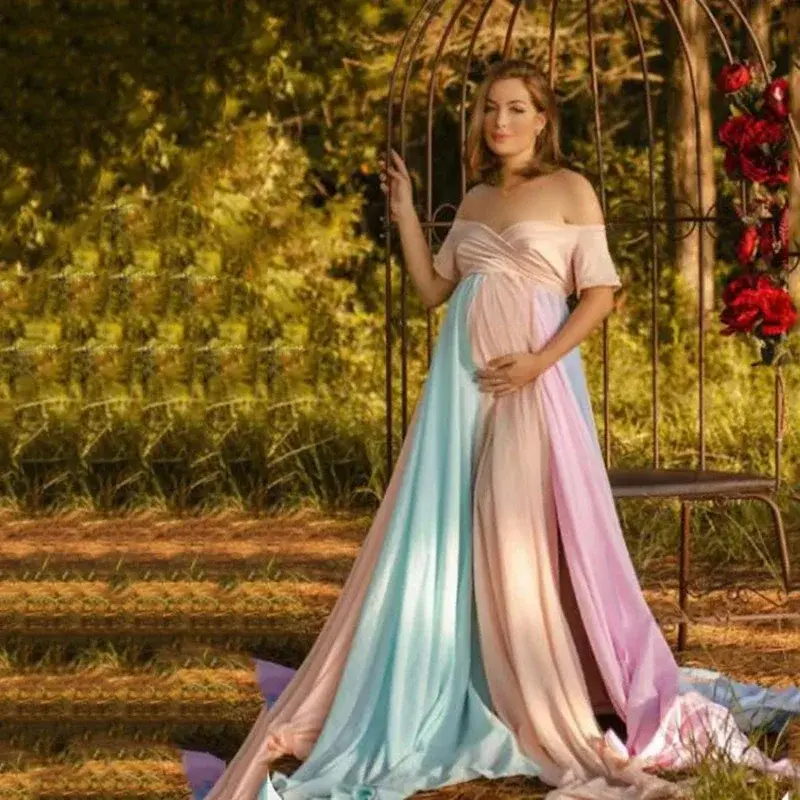 فستان مثير اللون مطابقة الأمومة التصوير الفوتوغرافي ، قبالة الكتف فستان طويل ، استحمام الطفل ، السهرة الدعامة