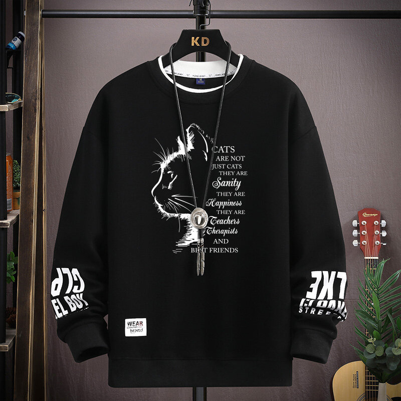 남성용 맨투맨 스케치 고양이 프린트 긴팔 티셔츠, 패션 의류, 블랙 O넥 하라주쿠 독점 디자인 상의, 가을