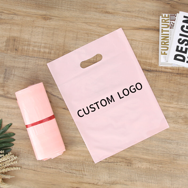 Produk kustom, tas plastik kemasan ritel merah muda kecil lucu 100 buah Logo cetak kustom untuk toko ritel
