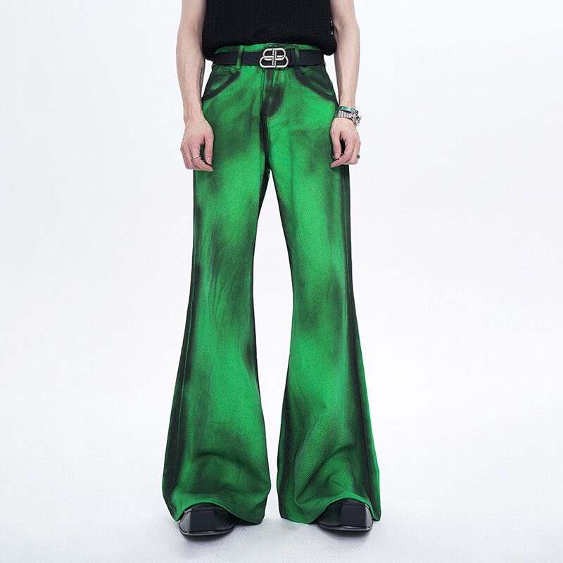 FEWQ Jeans Pria High Street, celana longgar warna gradien gaya Retro Amerika desain Niche baru musim panas 24Y117