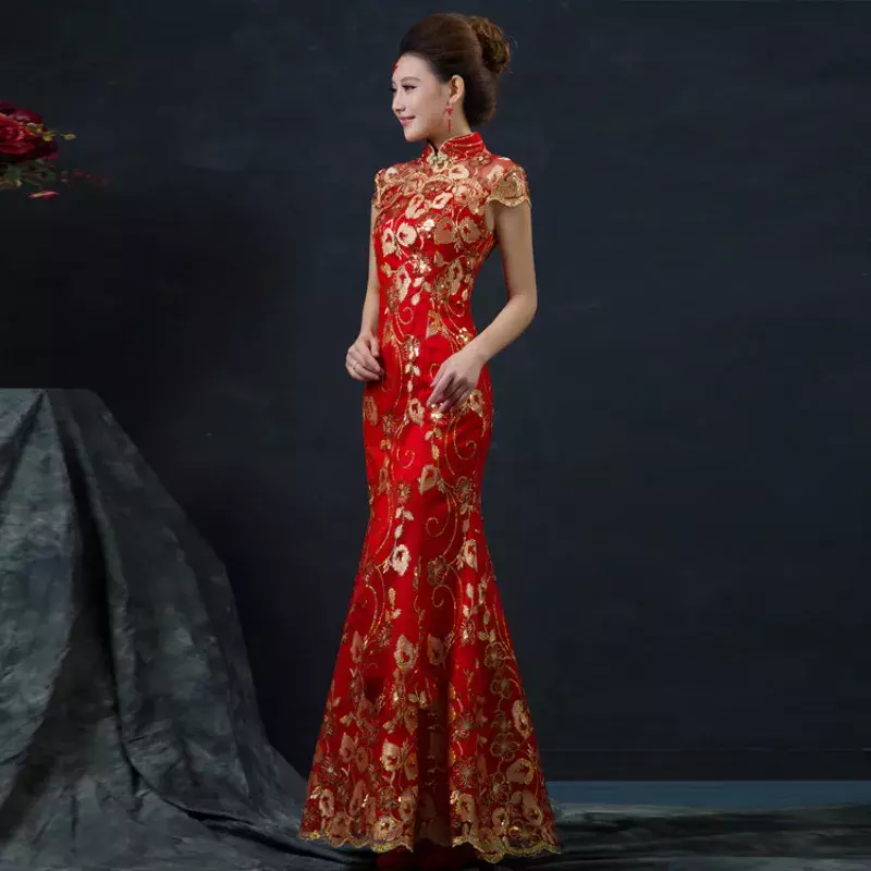 Vestido de boda chino rojo para mujer, Cheongsam largo de manga corta, dorado, ajustado, tradicional chino, Qipao para fiesta de boda
