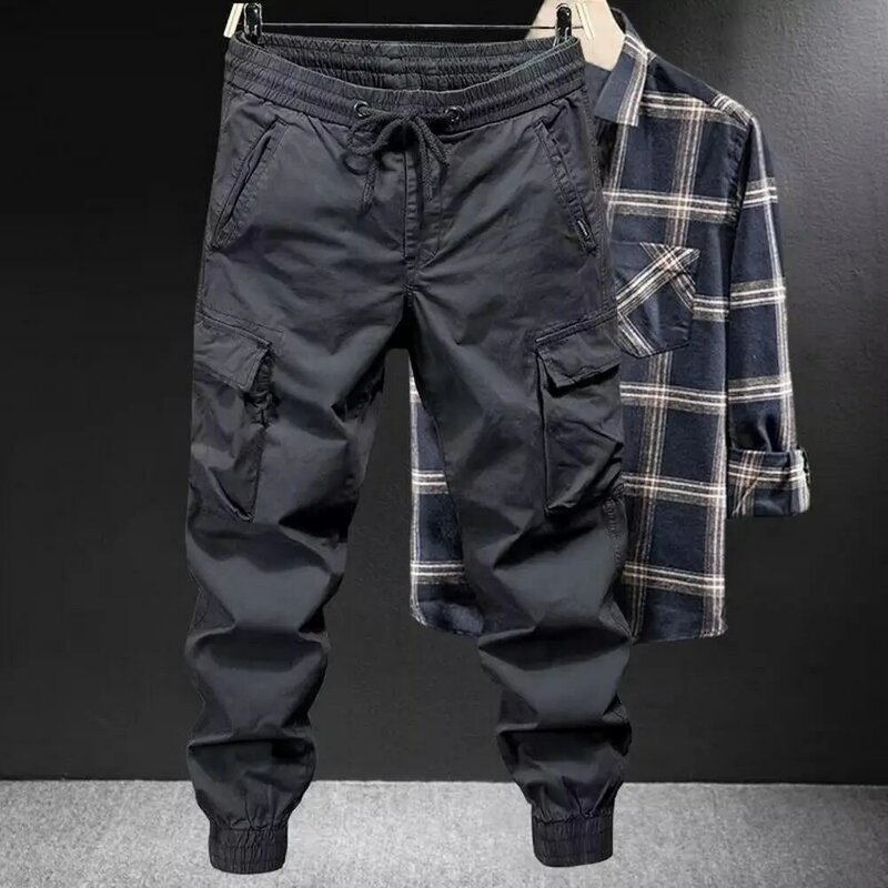 Loose Straight Pants Men's Drawstring Cargo Pants with Elastic Waist Multi Pockets Ankle-banded Design for Daily Sports
